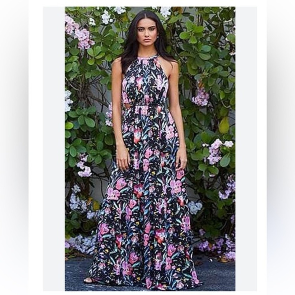 Aidan Mattox Pink Halter tiered Maxi Dress with elastic waist Cut Out